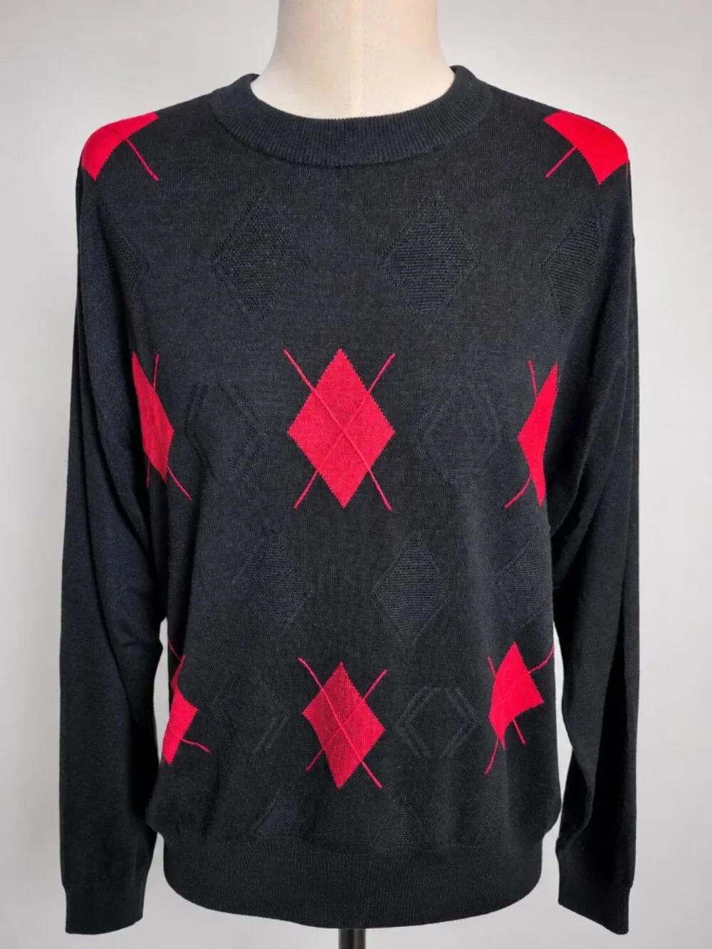 Protege Collection Black & Red Argyle Silk Cotton Knit Sweater XL